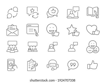 Business and finance web line icon set. Testimonials, customer relationship management or CRM concept. Simple outline style symbol collection. Vector illustration isolated on white background. EPS 10.