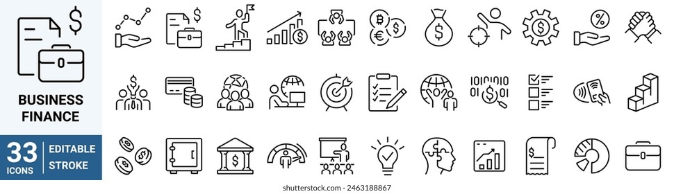 Business finance web line icon set. With Concepts like Profit, Losses, Stock, Tax, Exchange, Budget, Funds, Earnings, Money and Revenue.