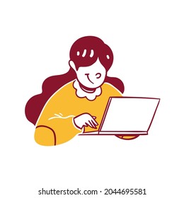 Business Finance Woman employee work assignments in computer office Icon Illustration in Outline Hand Drawn Design Style
