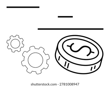 Business, finance, workflow, operations, currency, and investment. A dollar coin with gear symbols and abstract lines. Business efficiency and finance concepts