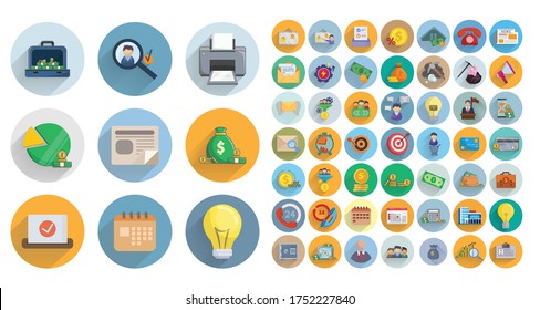 business finances flat icon set with long shadow with money, bank, chart. office