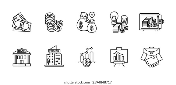 Business and finances icon set. Banking, investment and economic symbols collection. Savings, wealth, corporate transactions and financial success vector illustration. Business application pictogram.