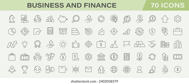 Business and finances line icons collection. Corporate growth, market investment strategy. Profit analysis, global economy trends. Innovative financial solutions, dynamic market analysis.