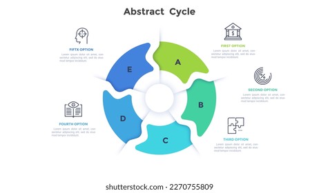 Business and finances management abstract cycle infographic design template. Presentation of corporate departments. Commerce research. Pie chart with 5 segments and icons. Visual data presentation