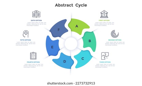 Business and finance Management Abstrakte Zyklus Infografik Design Vorlage. Präsentation der Unternehmensabteilungen. Handelsforschung. Pie-Diagramm mit 6 Segmenten und Symbolen. Visuelle Datendarstellung