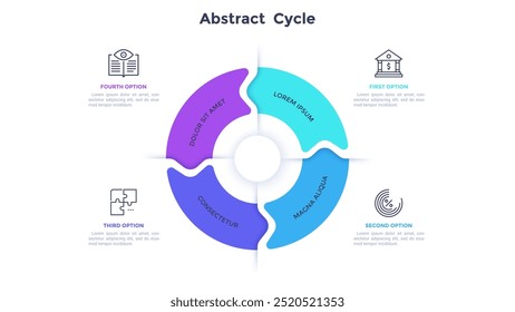 Plantilla de diseño de infografía de ciclo abstracto de gestión empresarial y financiera. Presentación de departamentos corporativos. Investigación de comercio. Gráfico circular con 4 segmentos e iconos. Presentación de datos visuales