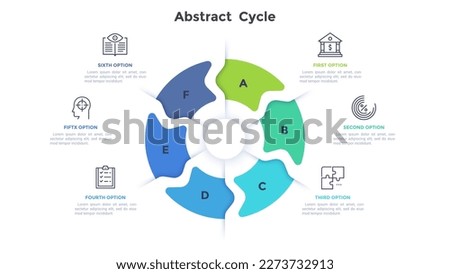 Business and finances management abstract cycle infographic design template. Presentation of corporate departments. Commerce research. Pie chart with 6 segments and icons. Visual data presentation
