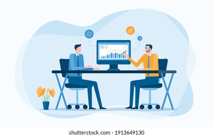 Business Financial advisor working and Business investment planning on monitor report graph. two business team meeting for analysis marketing chart concept. Flat Vector illustration design.