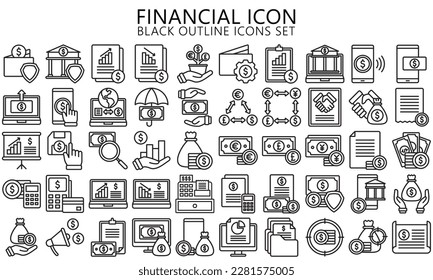 Business and financial black outline icons set, contain money, currency, dollar, report, finance and more. use for modern concept, UI or UX kit, web and app. vector EPS 10 ready convert to SVG. svg