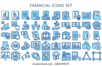 Business and financial blue color icons set, contain money, currency, dollar, report, finance and more. use for modern concept, UI or UX kit, web and app. vector EPS 10 ready convert to SVG. svg
