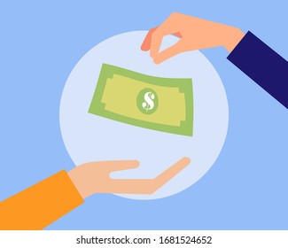 Business or financial conceept: Two hands with bank note that show buying or selling, cartoon vector style for your design
