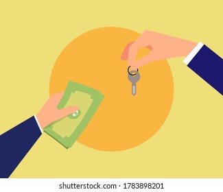 Concepto comercial o financiero: Dos manos con nota bancaria y clave que muestran compra o venta, estilo de vector de dibujos animados para su diseño