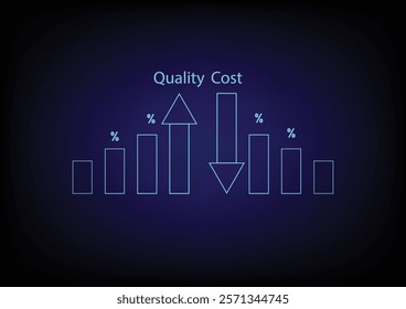 Business and financial concept. Bar graph with an upper and lower arrow to show low cost and high quality on black background.