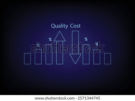 Business and financial concept. Bar graph with an upper and lower arrow to show low cost and high quality on black background.