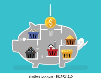 Business financial concept of diversification. Do not put all savings money in one basket. Allocating in 5 baskets. Vector of stock market,forex,rea lestate,gold & cryptocurrency investments