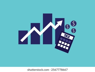Business and financial concept. Graph, upper arrow, coin, and calculator tax on a blue background.