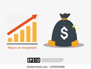 Business and financial concept. Profit chart symbol with Return on investment text and a sack of money and coins, flat design. Vector illustration EPS10