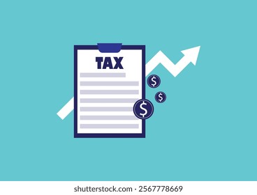 Business and financial concept. Tax form, upper arrow graph, and coin on a blue background.