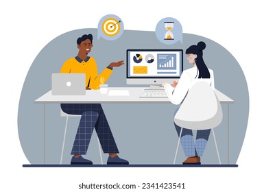 Business financial consultant concept. Man and woman sitting in front of laptops with graphs, diagrams and charts. Analysts conduct market research. Cartoon flat vector illustration