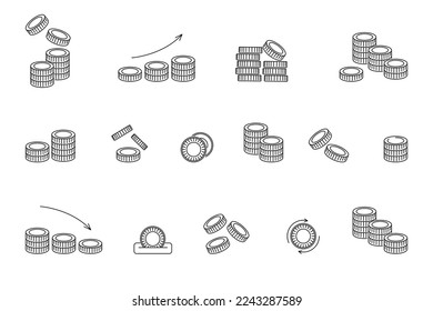 Business and financial credit coin icons. Flat vector illustration. Vector set line icons related coins. Contains such icons coin stack, coin toss and casino chips. Growth, income, savings, investment svg