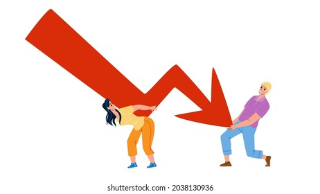 Business Financial Crisis Of Businesspeople Vector. Businessman And Businesswoman Trying To Stop Down Decrease Arrow, Financial Crisis And Bankruptcy. Characters Flat Cartoon Illustration