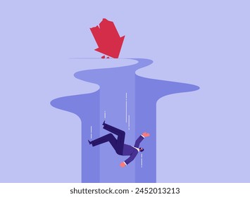 Business and financial crisis concept with businessman falling down the hole, symbol of market crash, recession, risk, bankruptcy and loss