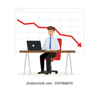 Business financial crisis concept. Decrease graph. Scared businessman with pointing down arrow on graph. Vector illustration.