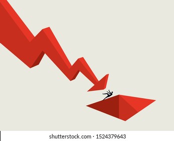 Business and financial crisis and depression vector concept with businessman pushed into hole by downward arrow. Symbol of stock crash, recession and losses. Eps10 illustration.