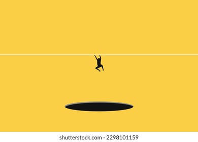 Business and financial crisis vector concept with businessman levitating and trying do not fall to abyss. Symbol of market crash, recession, risk, bankruptcy and loss. Eps10 illustration