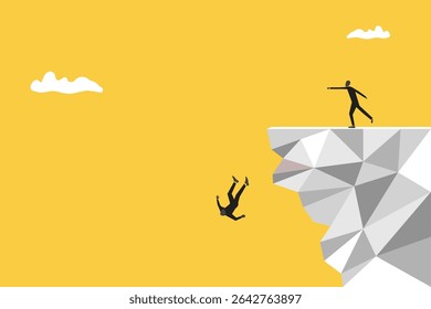 Business and financial crisis vector concept with businessman falling down on the edge of a cliff. Symbol of market crash, recession, risk, bankruptcy and loss. Eps10 illustration