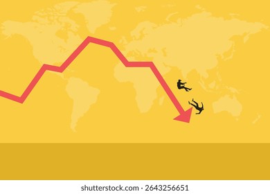 Business and financial crisis vector concept with businessman falling down on arrow. Symbol of market crash, recession, risk, bankruptcy and loss