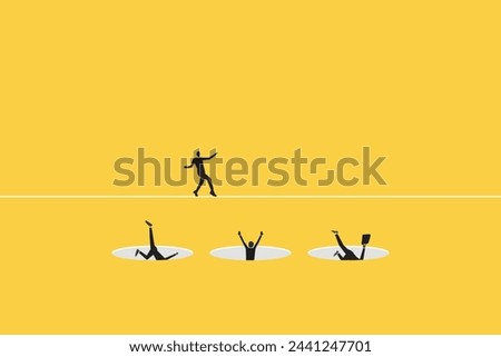 Business and financial crisis vector concept with businessman walking on the line and trying do not fall to abyss. Symbol of market crash, recession, risk, bankruptcy and loss. Eps10 illustration