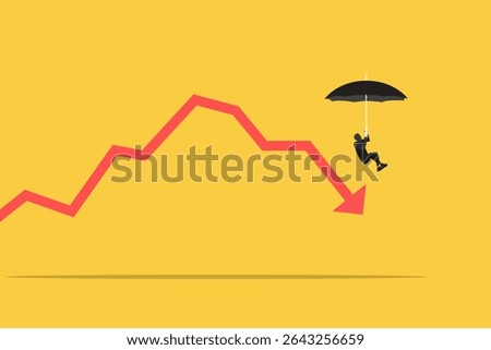 Business and financial crisis vector concept with businessman falling down with umbrella. Symbol of market crash, recession, risk, bankruptcy and loss. Eps10 illustration