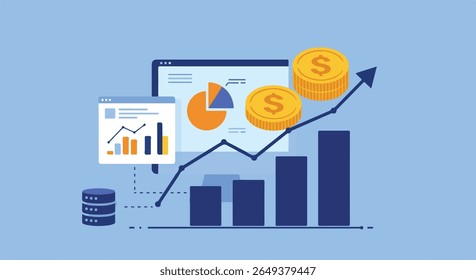 Analyse von Geschäfts- und Finanzdaten: Diagramme, Münzen und Datenserver. Kennzeichnet datengesteuerte Entscheidungsfindung und dynamisches Wirtschaftswachstum, die für die strategische Planung und das Erreichen maximaler Gewinne unerlässlich sind