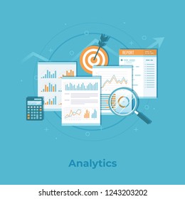 Business financial data analytics. Analysis, statistics, audit reporting. Documents with graphs, charts, magnifying glass, report, calculator, target. Business vector background. 