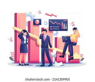 Business Financial down concept with people fail increases their profits. Money crisis and loss. Investment business broke. Flat style vector illustration. Flat style vector illustration