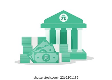 Business Financial Element. Bank Building and Banknote illustration with Chinese Yuan The renminbi currency sign. Money saving concept, money transfer icon.
