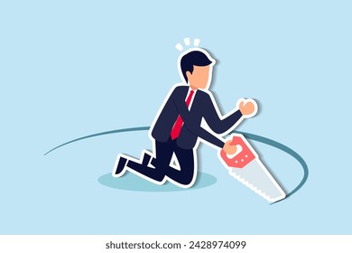 Business or financial errors worsen situations due to wrong decisions or foolishness concept, foolish frustrated businessman sawing the floor to self sabotage or make himself fall with failure.