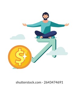 Business. Financial expert or guru sitting on green arrow of money growth dollar gold coins. Money and investment consultant concept, businessman, people. Profit growth, banner. Vector illustration