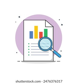 Business Financial Flowchart Report with Magnifying Glass Vector Illustration. Financial Report Analysis Concept Design