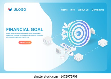 Business and Financial goal concept. Isometric  target, dollar coin isolated on blue background. Landing page vector illustration design.