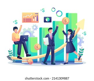 Business Financial Growth up concept with happy people success increases their profits. Investment business improvement. Flat style vector illustration