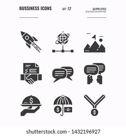 Business and financial icons set 12, rocket, start up, business goal, communication, financial security and more concept, Glyph icons Design. vector