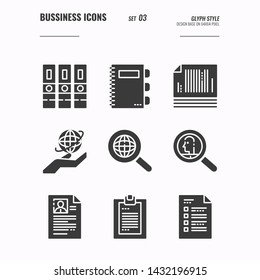 Business and financial icons set 3, Big data, global data, document, folder and more concept, Glyph icons Design. vector