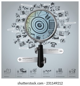 Business And Financial Infographic With Magnifying Glass And Icon Design Template