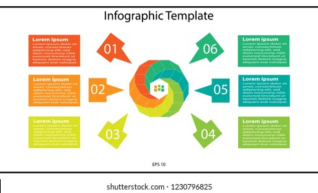 Business or financial infographic template chart with 6 steps process design. Editable text boxes. Polyhydron pattern on white background. Vector illustration EPS 10.