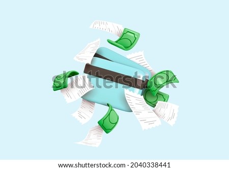 Business financial investment. Credit card, money green dollars, cashier's check paper. Realistic 3d design in cartoon style. Creative concept Trade cash back. Shopping time. Vector illustration