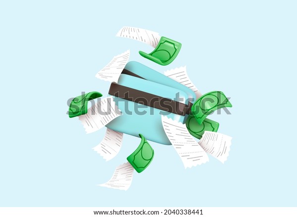 Business financial investment. Credit card,\
money green dollars, cashier\'s check paper. Realistic 3d design in\
cartoon style. Creative concept Trade cash back. Shopping time.\
Vector illustration