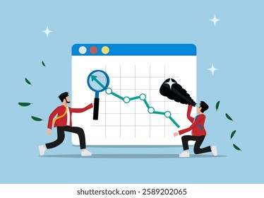 business financial investment. marketing team analytical report graphic on computer. two young business people holding a telesco and magnifying glass analyzing financial investment. flat illustration