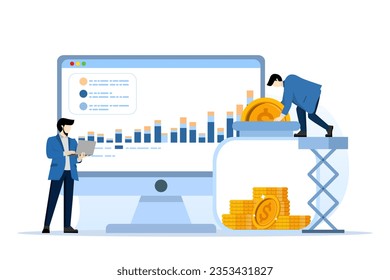 business Financial investment and money saving concept, People character collecting and putting coins into savings jar. The concept of financial management, savings and development of savings.